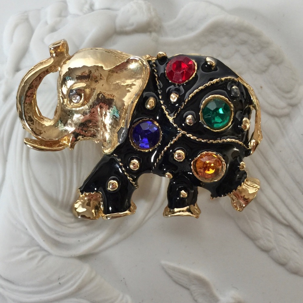 Vintage Black Enamel Jeweled Elephant Brooch 2/$10